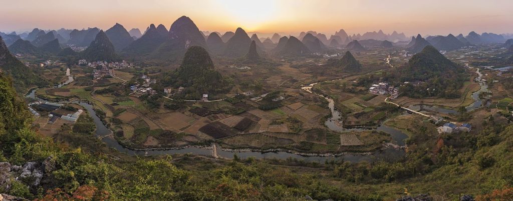 an aerial view of Yangshuo at sunset