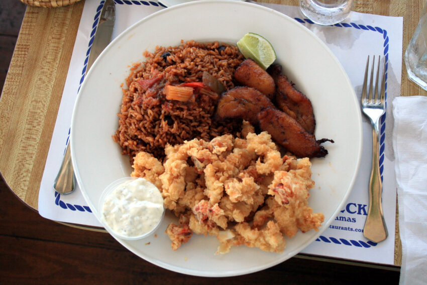Traditional Bahamian Foods, Crack Conch with Peas and Rice